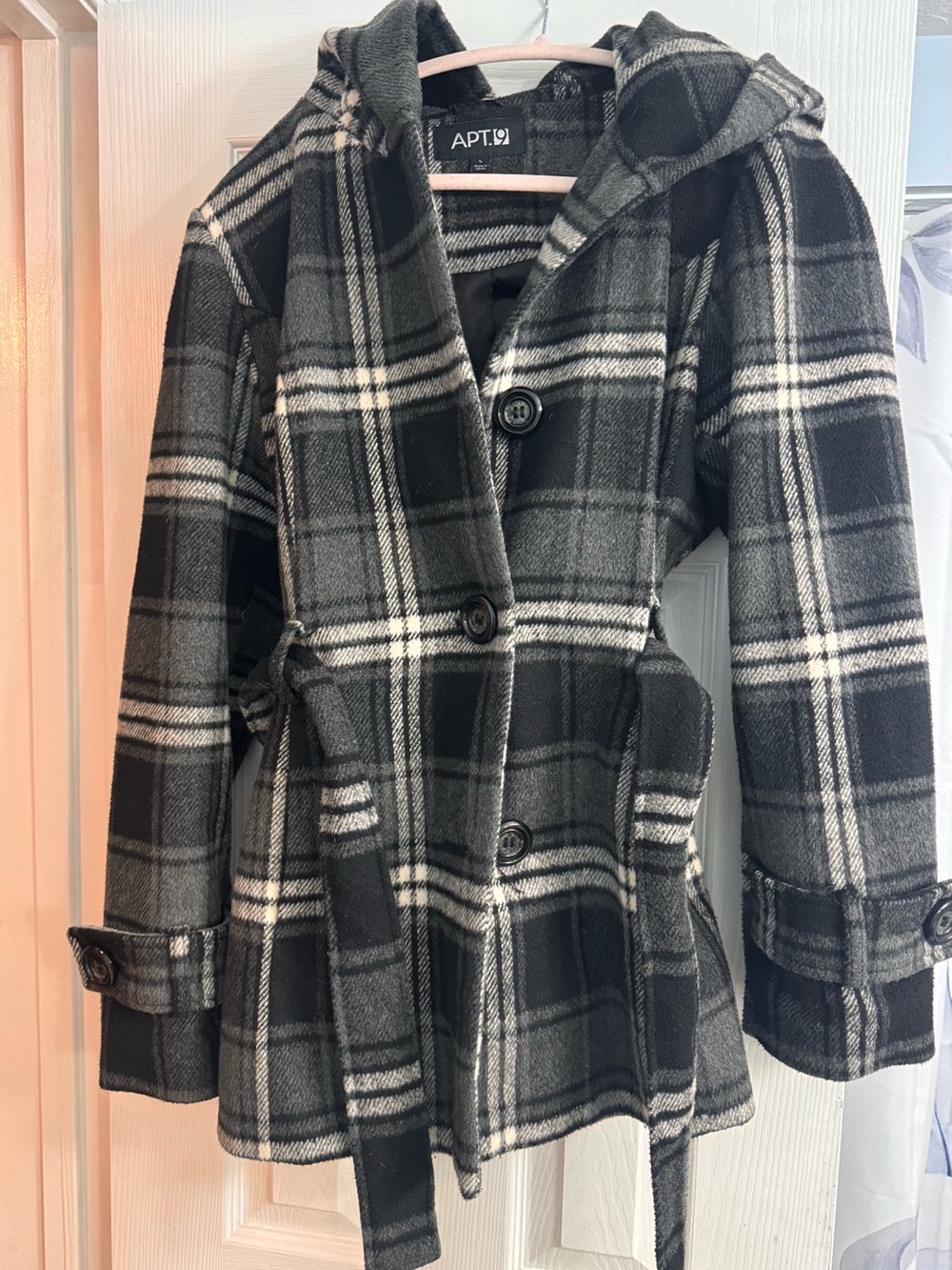 Apt. 9 Girls' Black & White Plaid Hooded Pea Coat